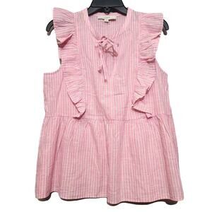 LOFT Pink Striped Ruffle Tie-Neck Peplum Top Size S